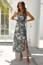 Floral Satin Dress with Draped Neckline