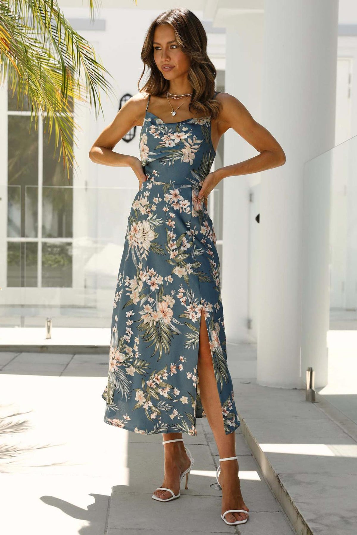 Floral Satin Dress with Draped Neckline