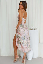 Floral Satin Dress with Draped Neckline