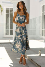 Floral Satin Dress with Draped Neckline