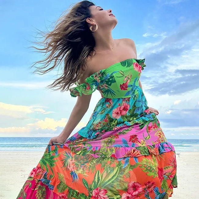 Sling Ruffle Print Skirt Two Piece Set green Swimsuit and skirt / S Main image