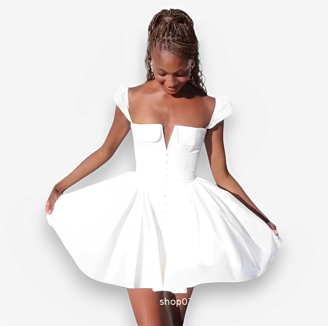 White V-Neck Pleated Dress Main image
