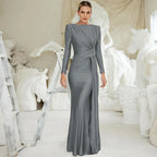 Pleated High-Rise Maxi Dress with Round Neckline