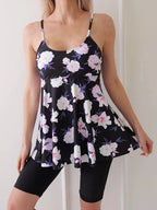 Printed Knee Shorts Tankini Two Piece Set Pink Floral Black / S