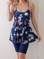 Printed Knee Shorts Tankini Two Piece Set Red Floral Blue / S