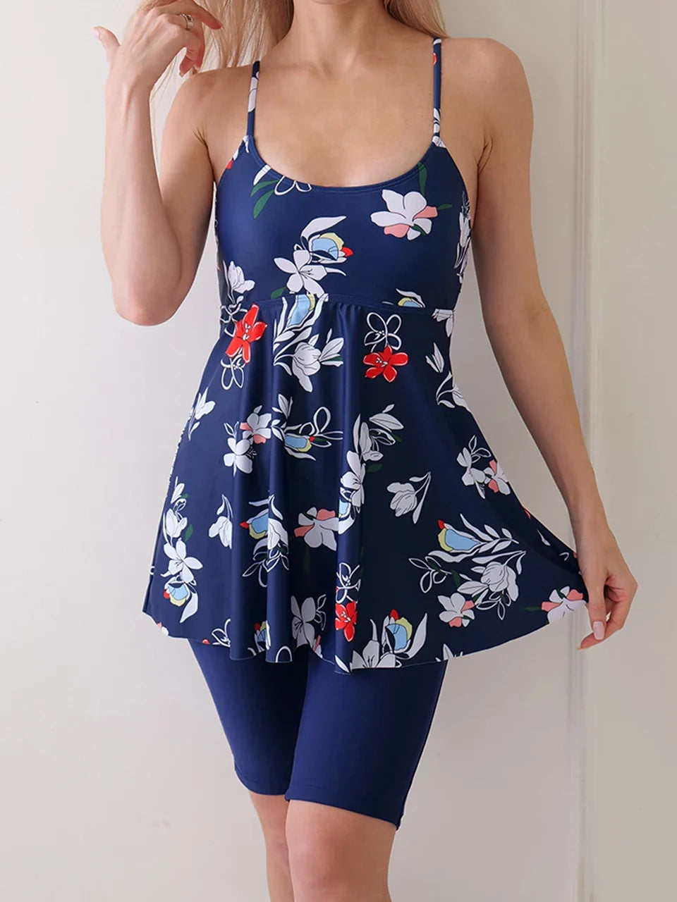 Printed Knee Shorts Tankini Two Piece Set Red Floral Blue / S
