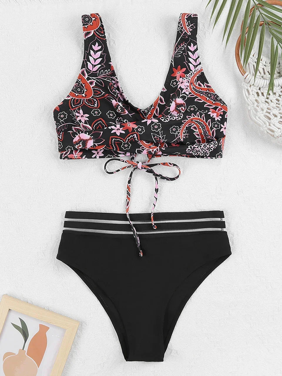 Drawstring Strap Tape Print Two Piece Set Red1 / S
