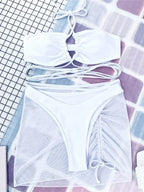 Mesh Sarong Skirt Bikini Three Piece Swimsuit White / S