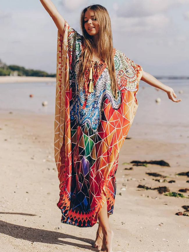 Geometric Printed Lace Up V-Neck Cover Up color / One Size Main image