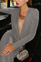 Silk Silver Dress with Draped Neckline