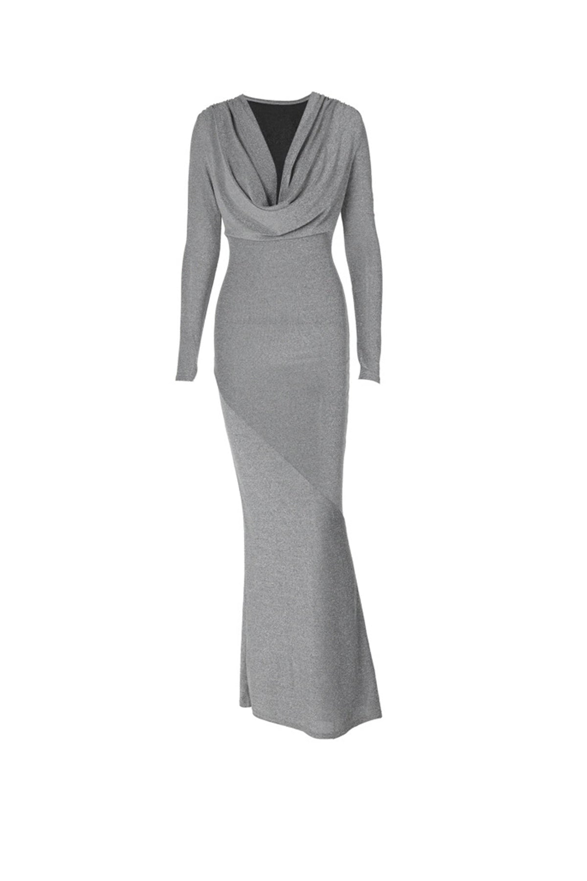 Silk Silver Dress with Draped Neckline