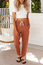 Solid-Color Polyester Pants with Pockets