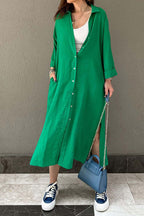 Solid-Color Slit-Detail Button-Front Dress