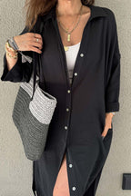 Solid-Color Slit-Detail Button-Front Dress