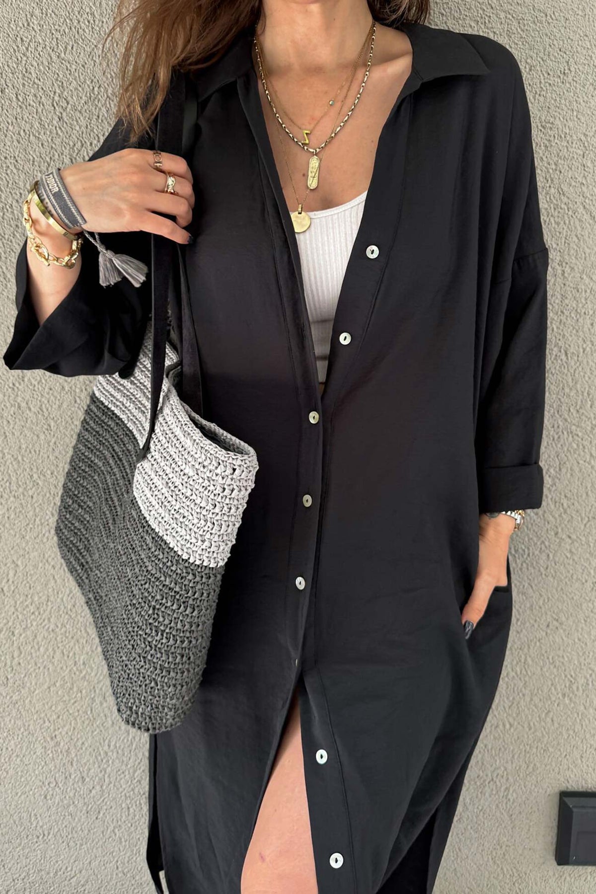 Solid-Color Slit-Detail Button-Front Dress