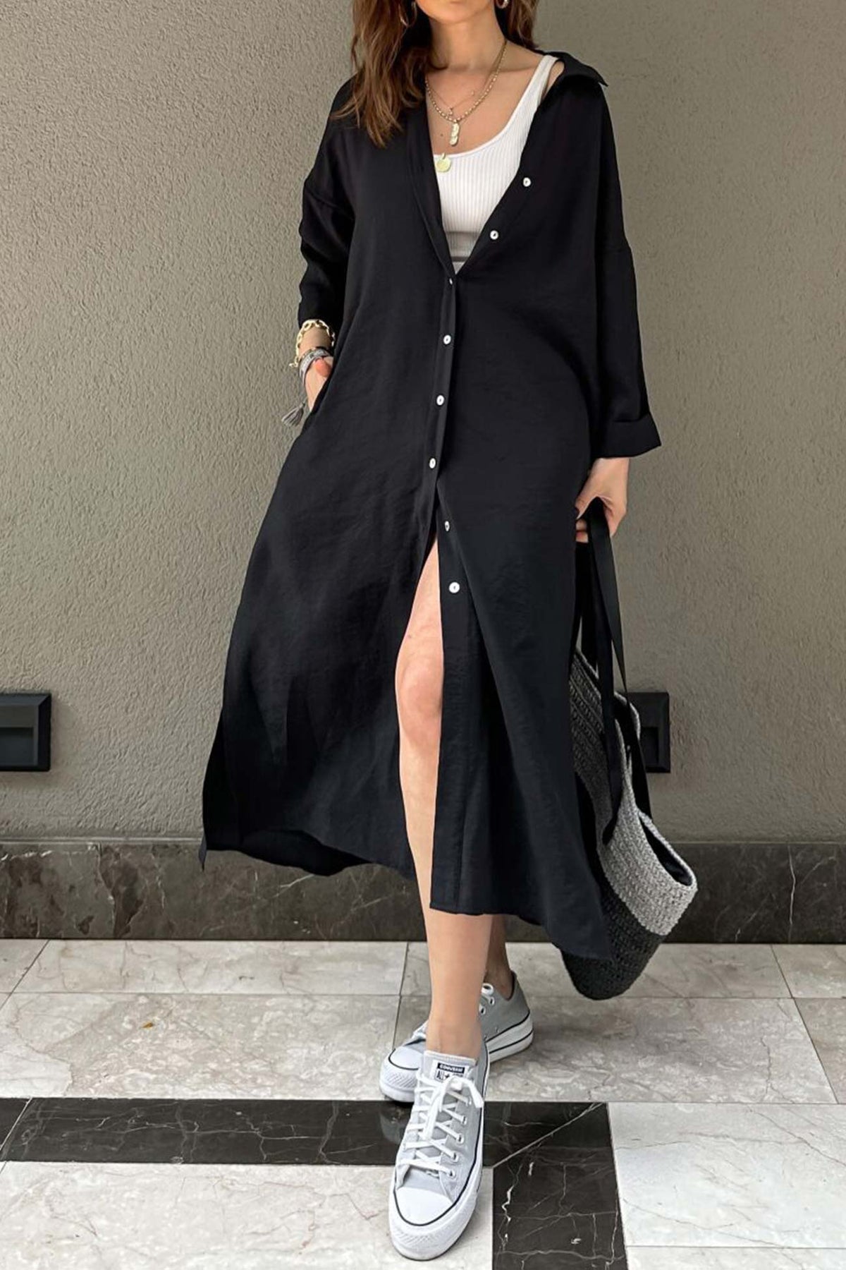 Solid-Color Slit-Detail Button-Front Dress