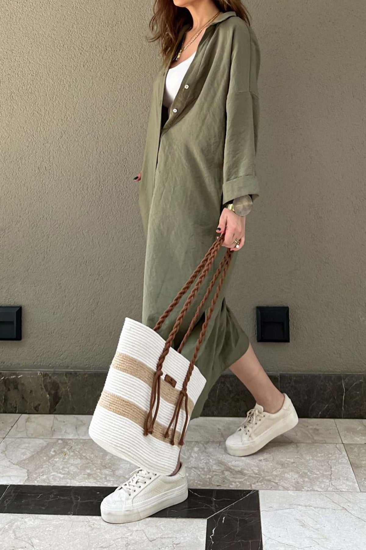 Solid-Color Slit-Detail Button-Front Dress