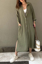 Solid-Color Slit-Detail Button-Front Dress