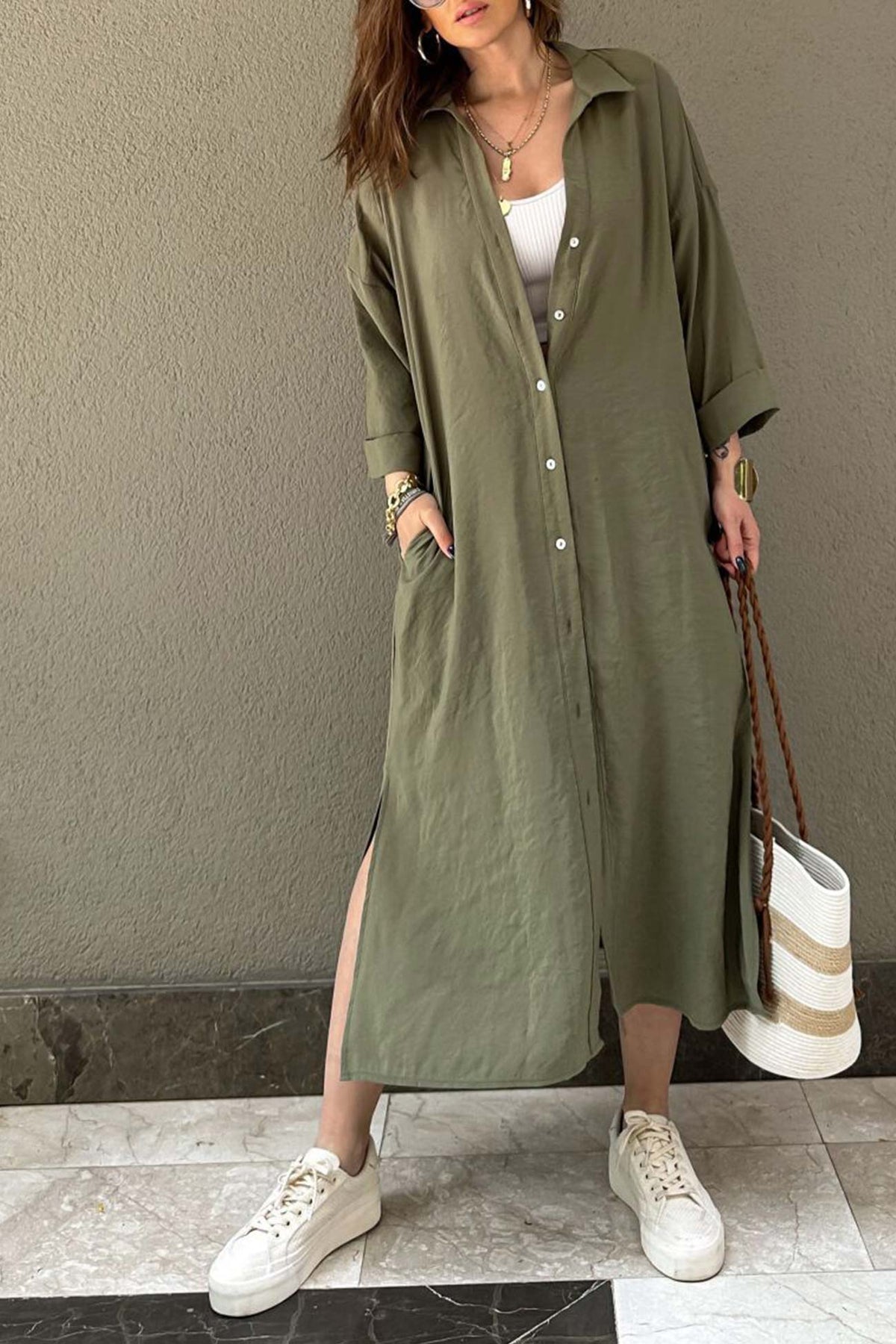 Solid-Color Slit-Detail Button-Front Dress