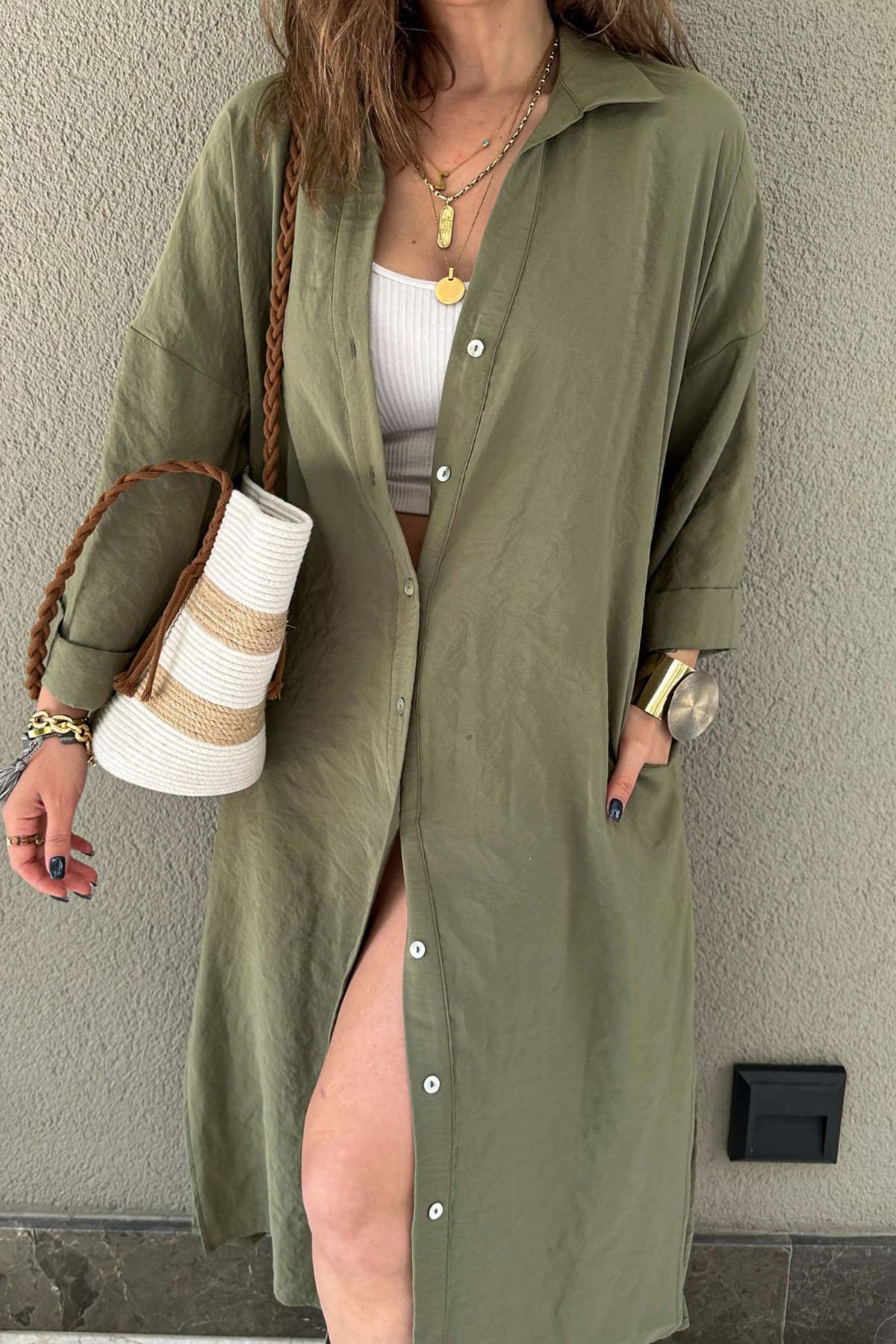 Solid-Color Slit-Detail Button-Front Dress