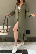 Solid-Color Slit-Detail Button-Front Dress