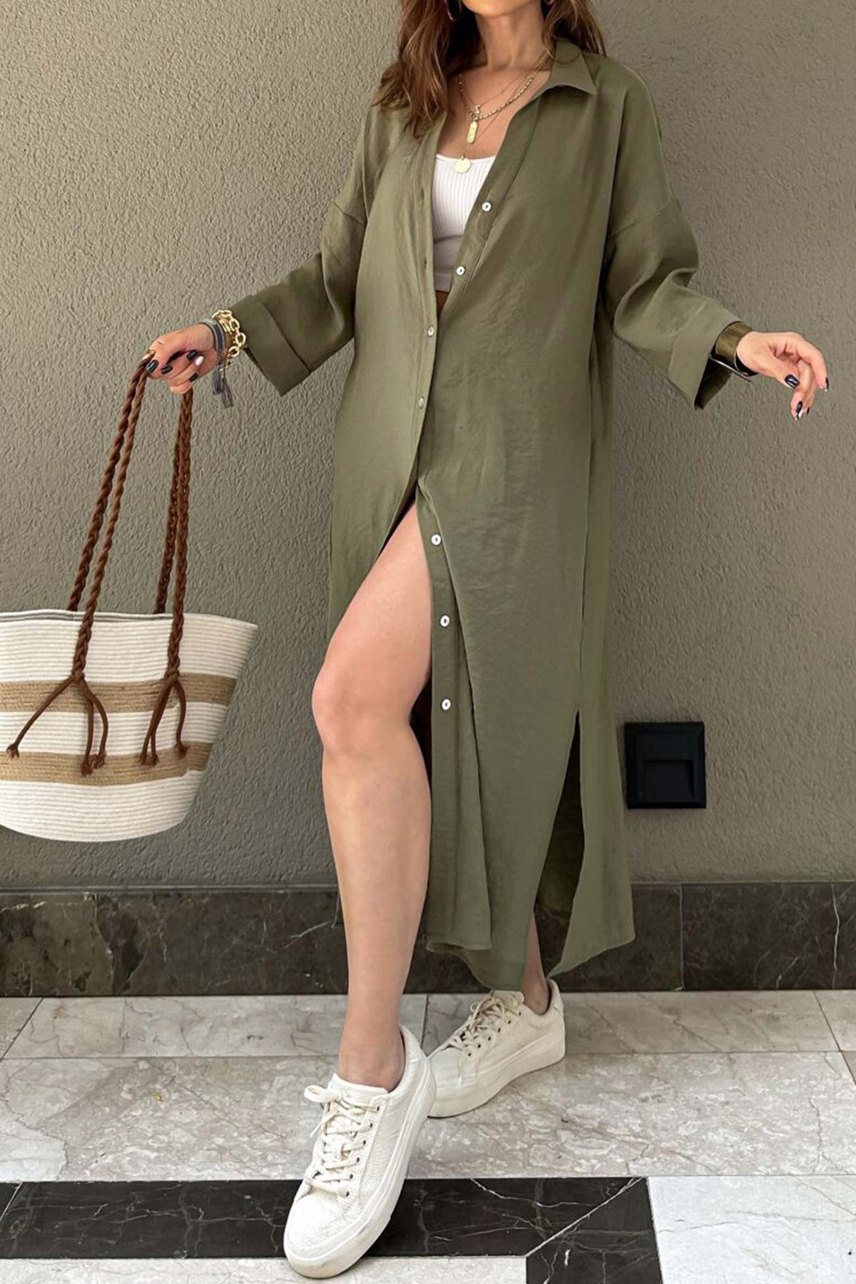 Solid-Color Slit-Detail Button-Front Dress