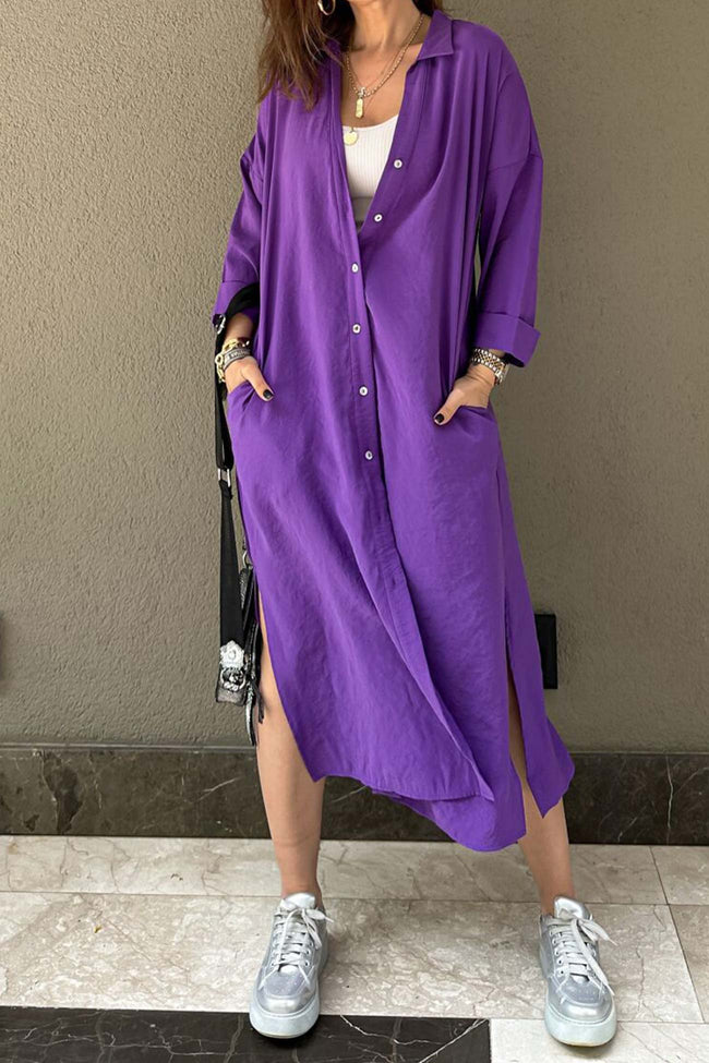 Solid-Color Slit-Detail Button-Front Dress Main image