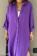 Solid-Color Slit-Detail Button-Front Dress