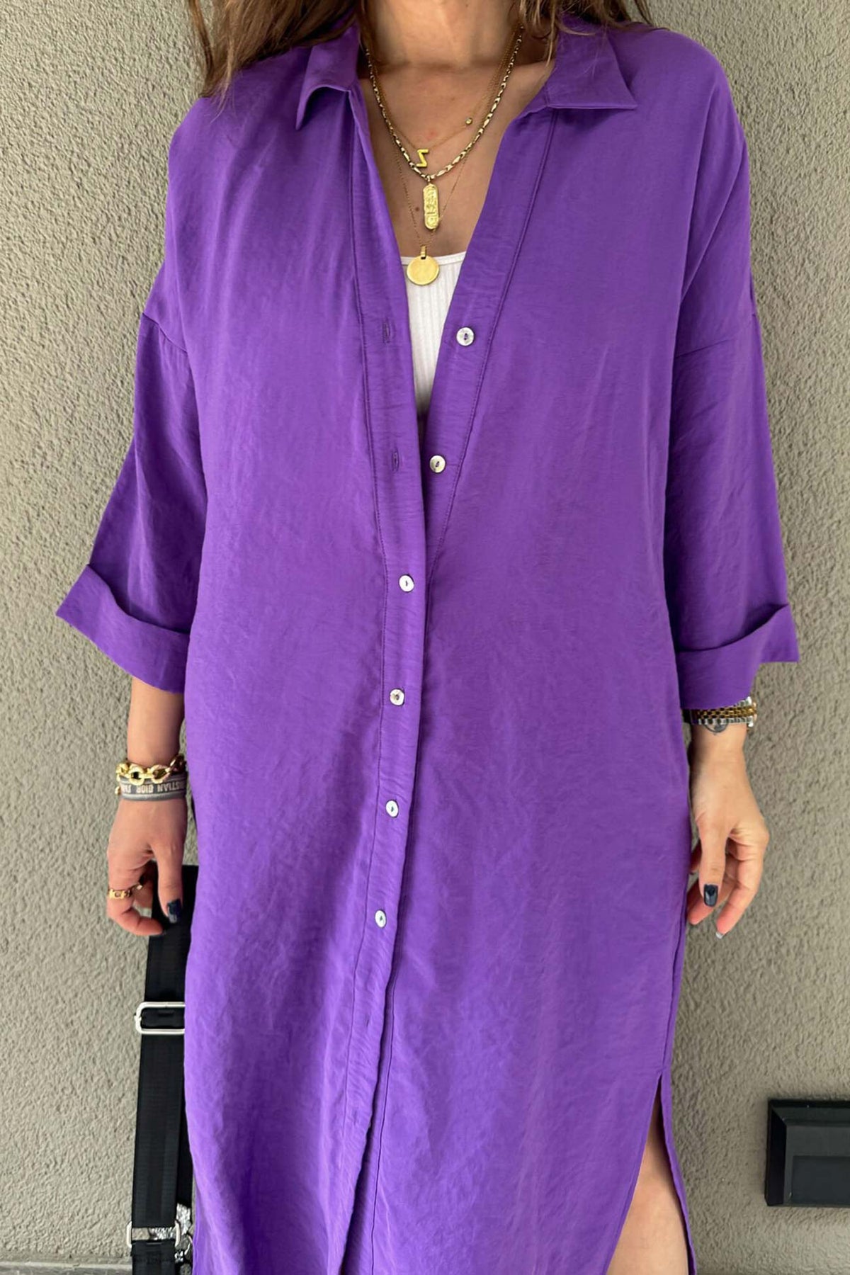 Solid-Color Slit-Detail Button-Front Dress