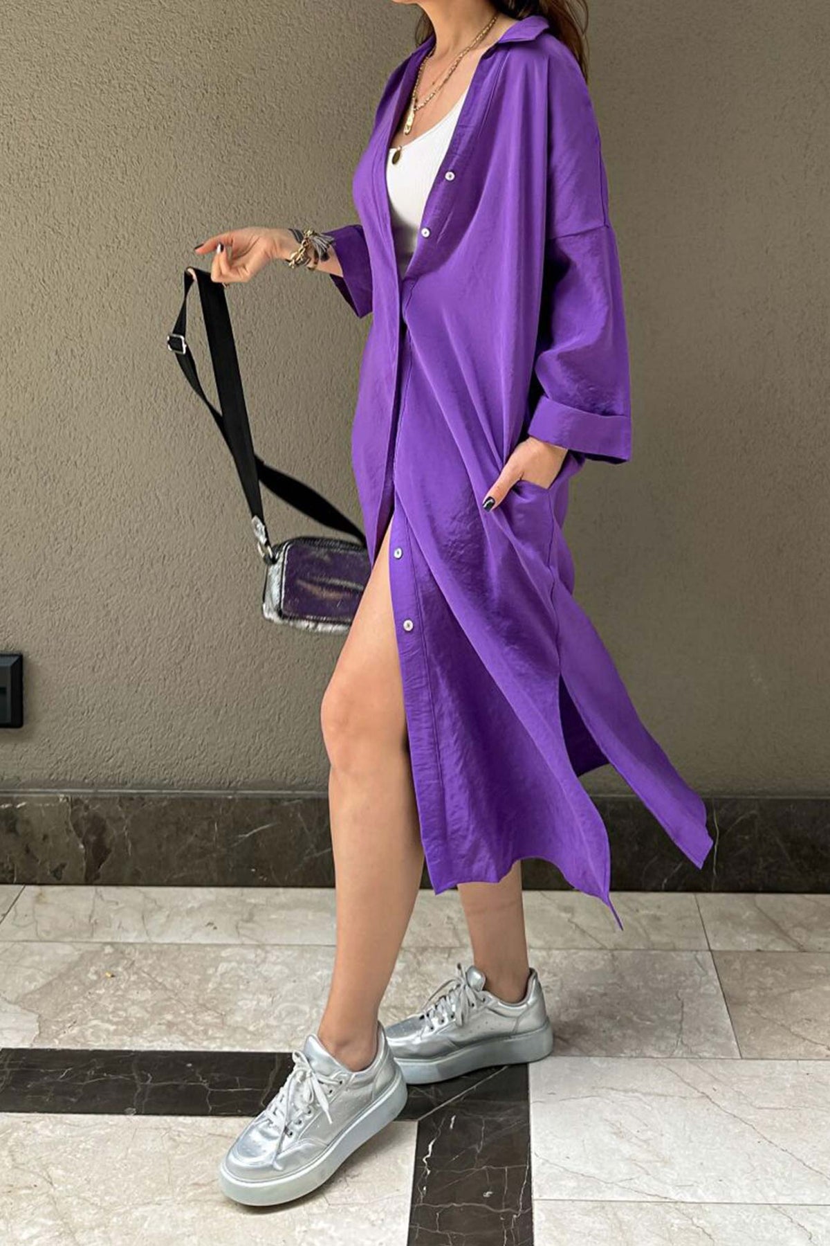 Solid-Color Slit-Detail Button-Front Dress
