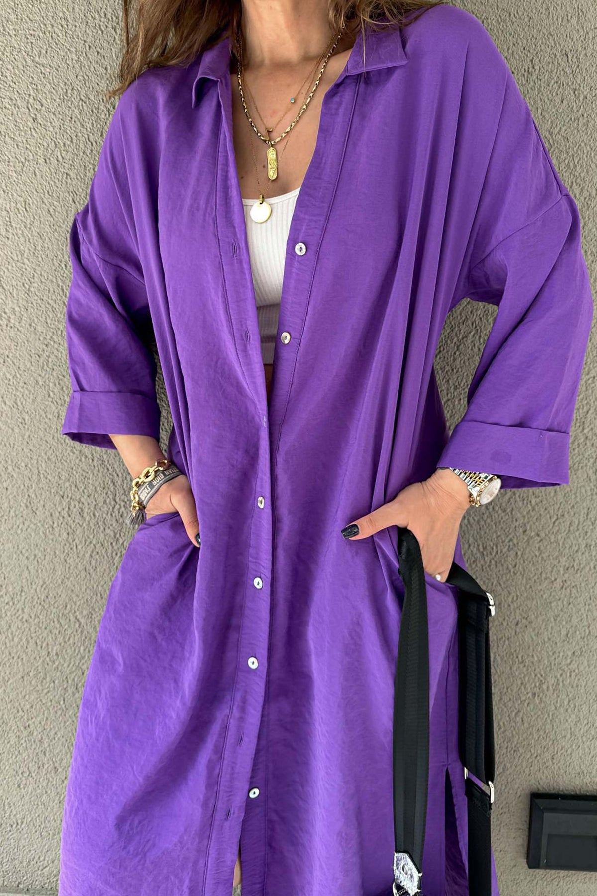 Solid-Color Slit-Detail Button-Front Dress