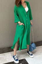 Solid-Color Slit-Detail Button-Front Dress