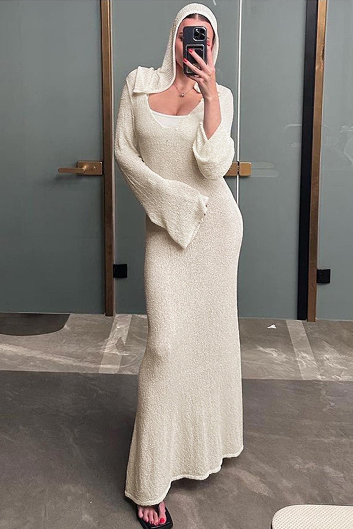 Crochet Solid-Color Dress with Hood
