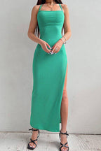 Ribbed Tie-Back Dress with Slit Detail