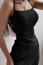 Ribbed Tie-Back Dress with Slit Detail