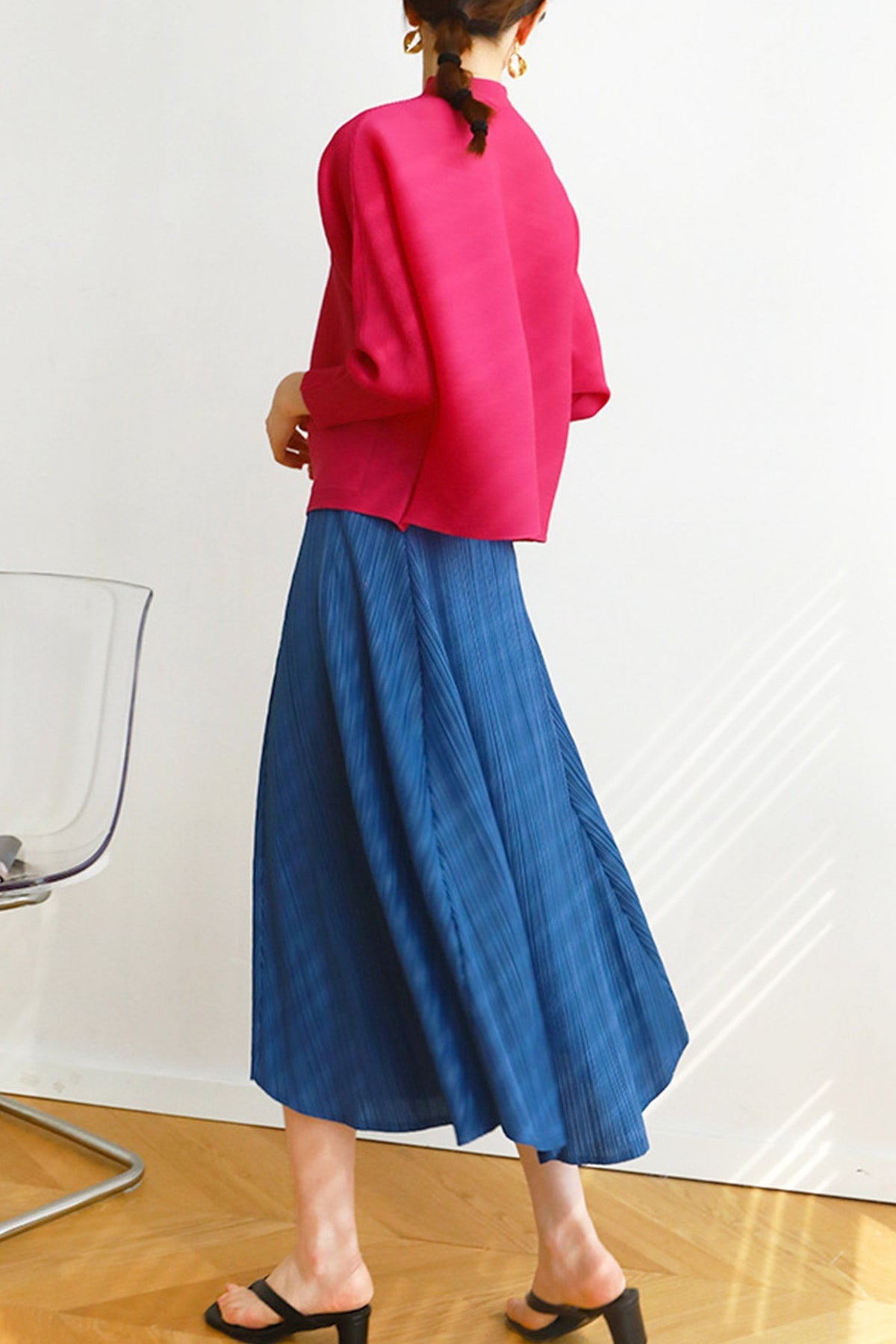 Pleated Solid-Color Skirt with High Waist