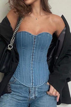 Denim Tie-Back Cropped Top with Strapless Neckline