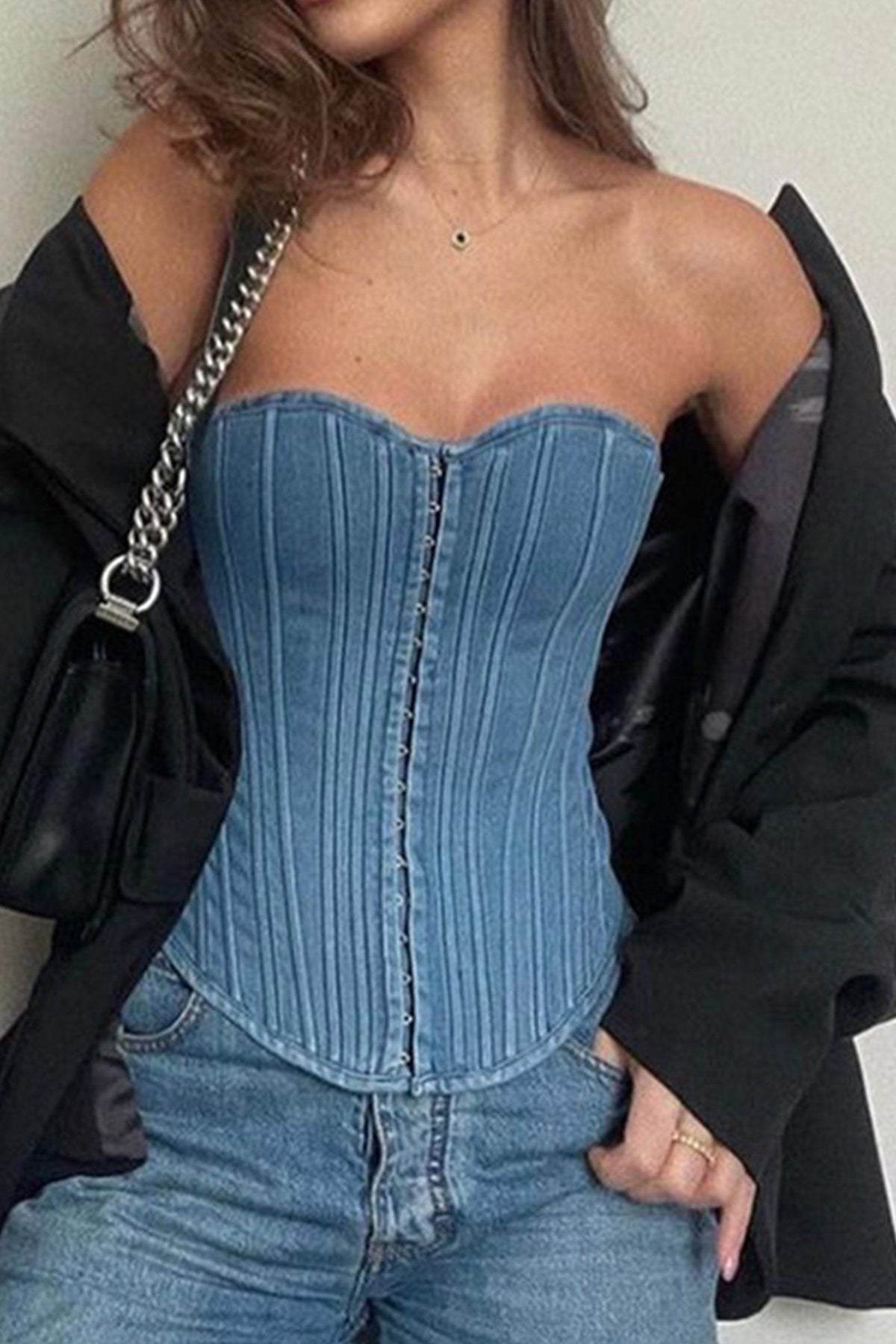 Denim Tie-Back Cropped Top with Strapless Neckline
