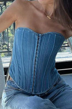 Denim Tie-Back Cropped Top with Strapless Neckline