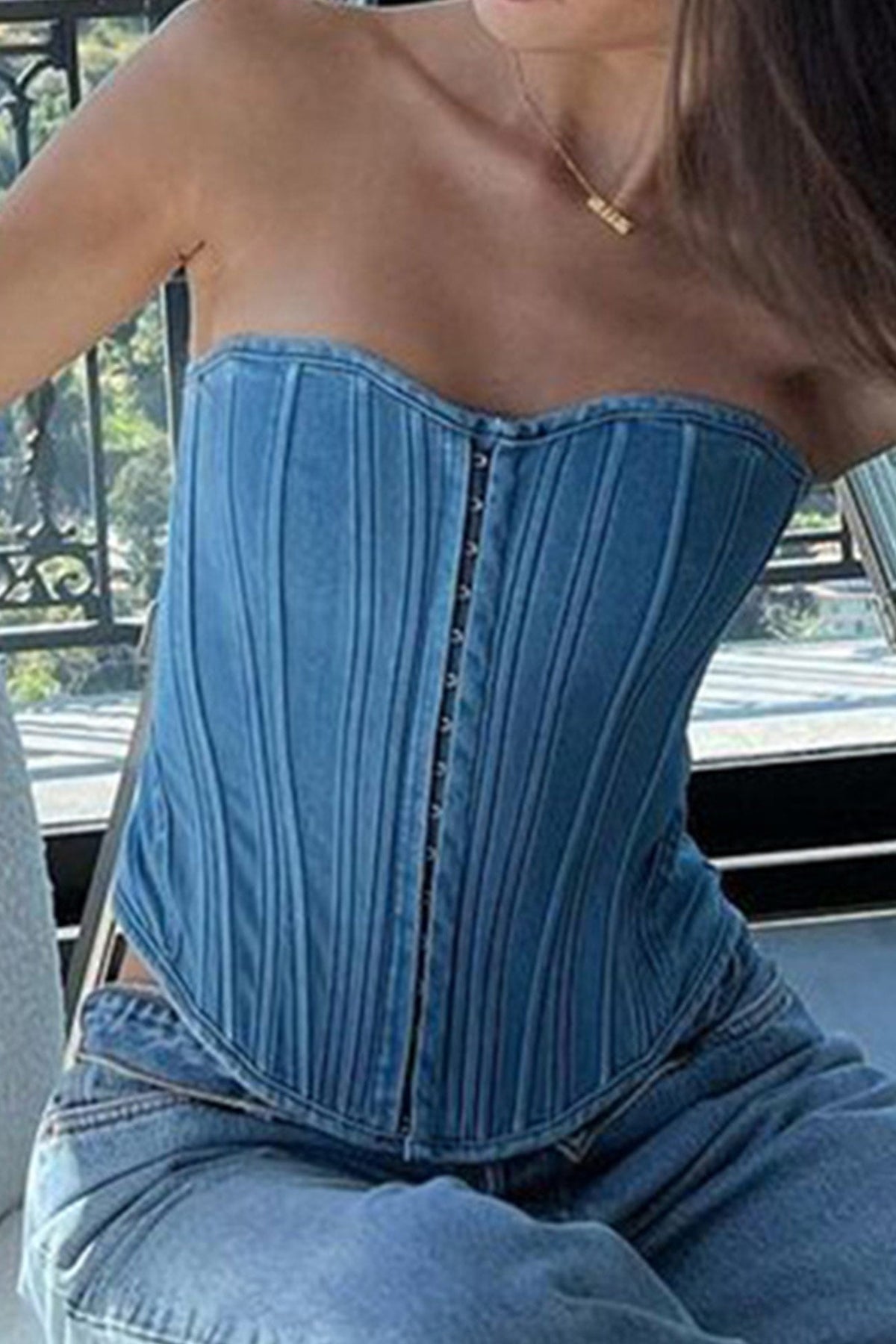 Denim Tie-Back Cropped Top with Strapless Neckline