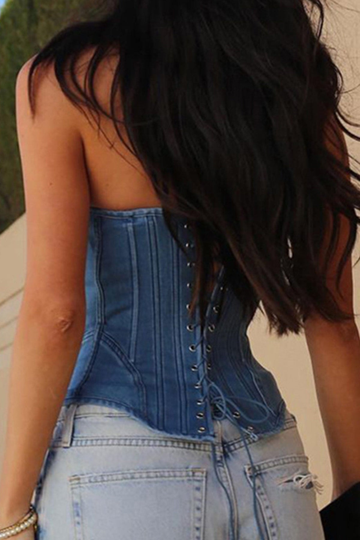 Denim Tie-Back Cropped Top with Strapless Neckline