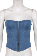 Denim Tie-Back Cropped Top with Strapless Neckline