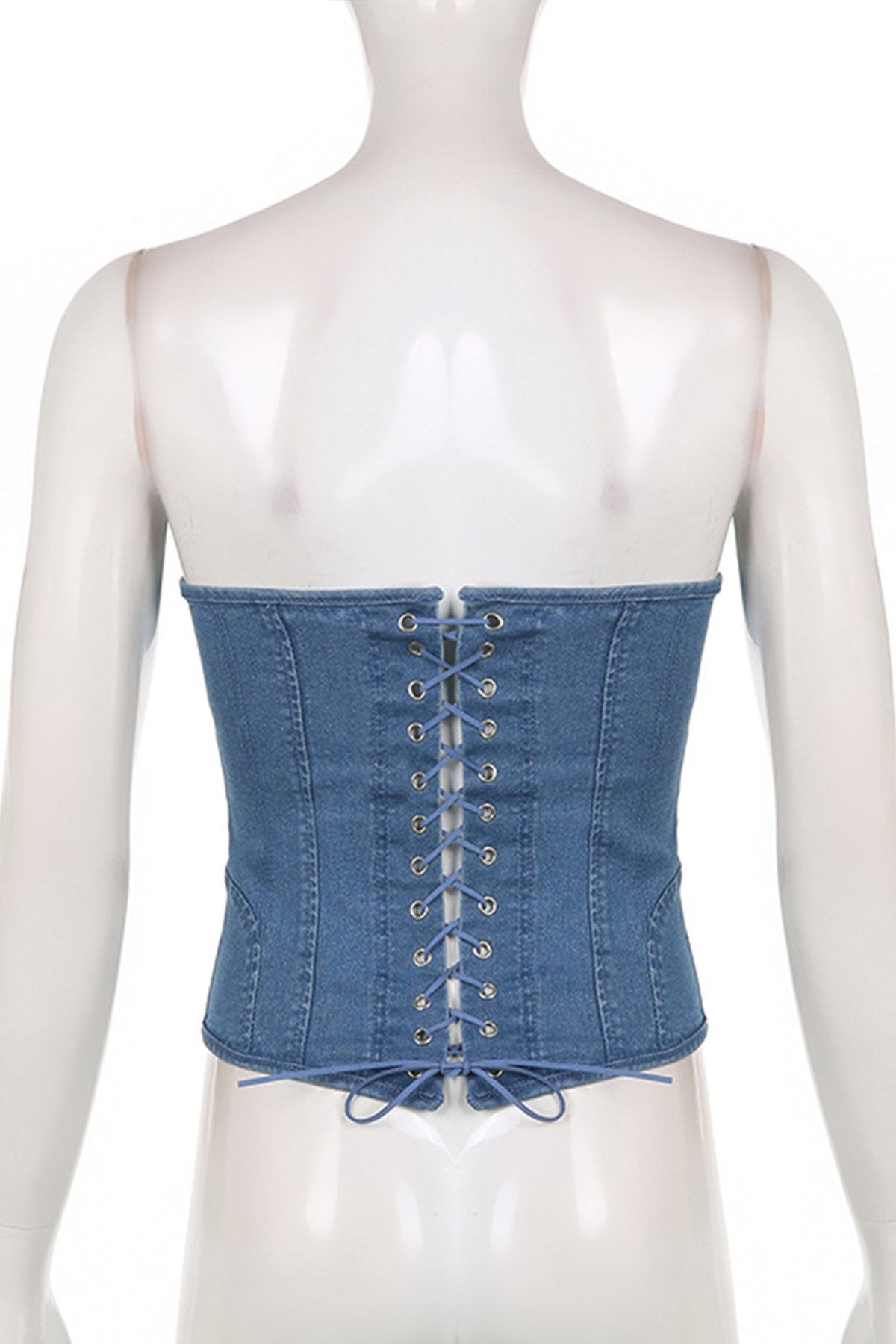 Denim Tie-Back Cropped Top with Strapless Neckline
