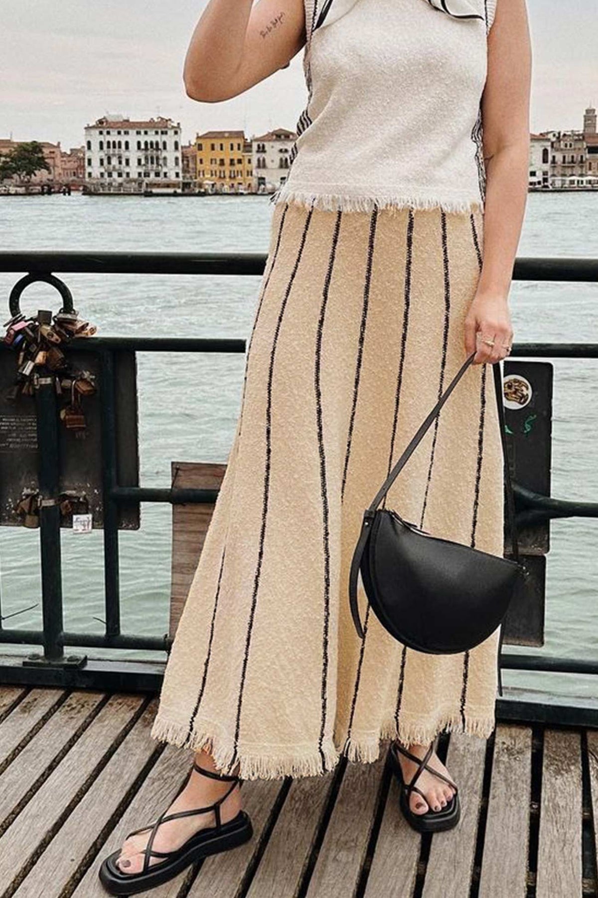 Striped Knit Fringe-Detail Skirt