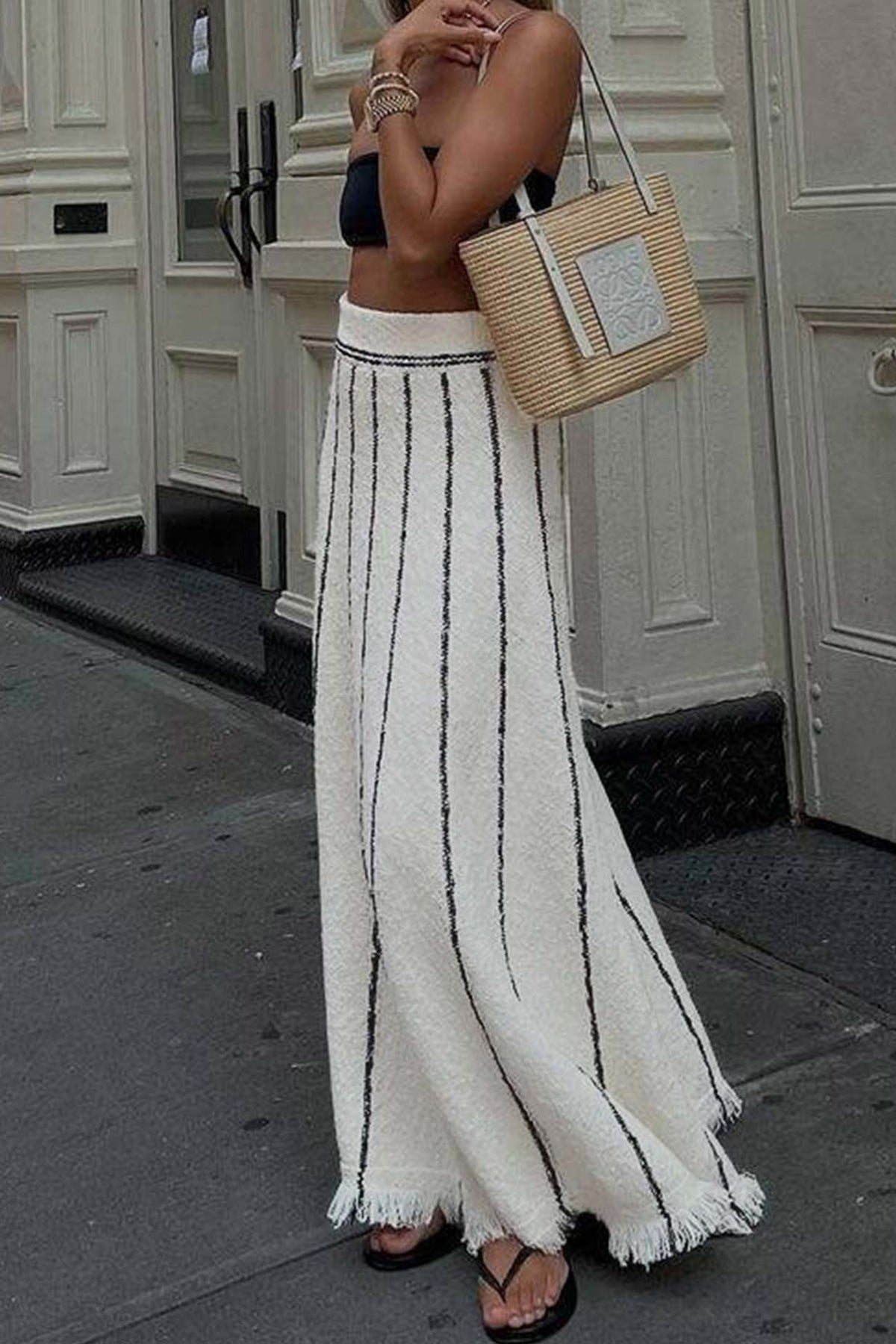 Striped Knit Fringe-Detail Skirt