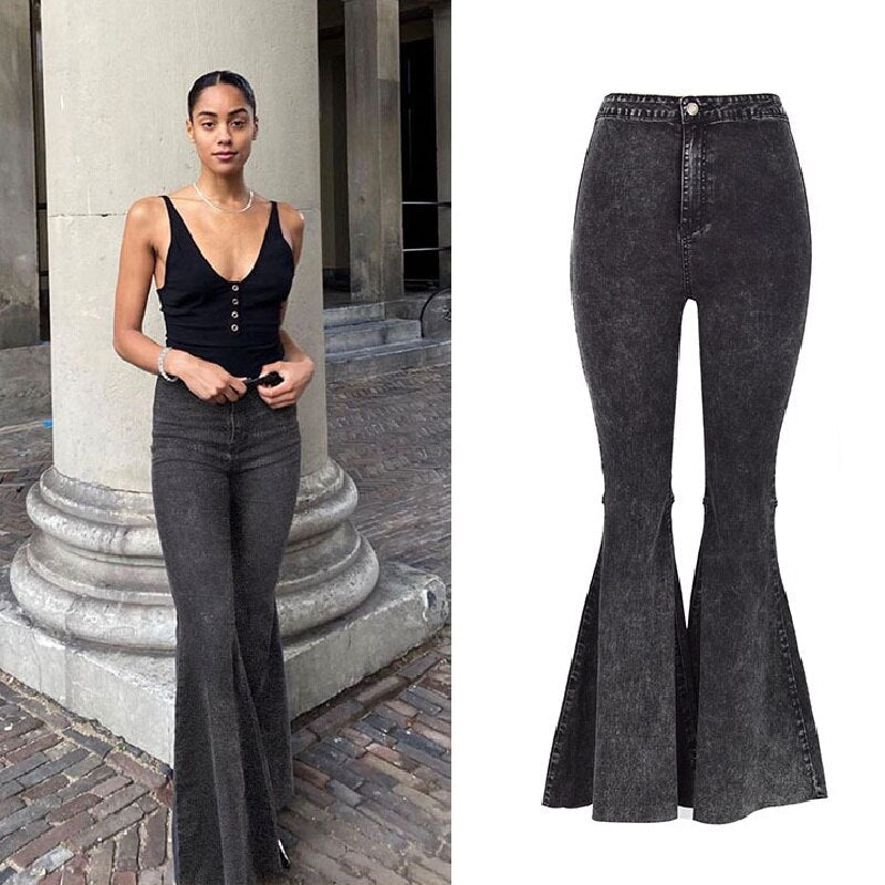 High-Rise Flared Wide-Leg Jeans with Washed Finish