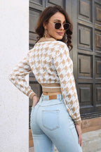 Houndstooth Knit V-Neck Cropped Top