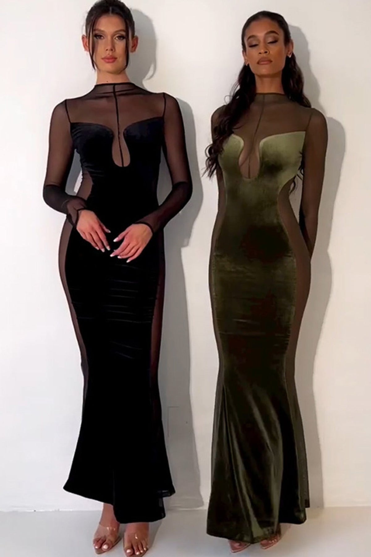 Velvet Mesh Maxi Dress with Panel Details
