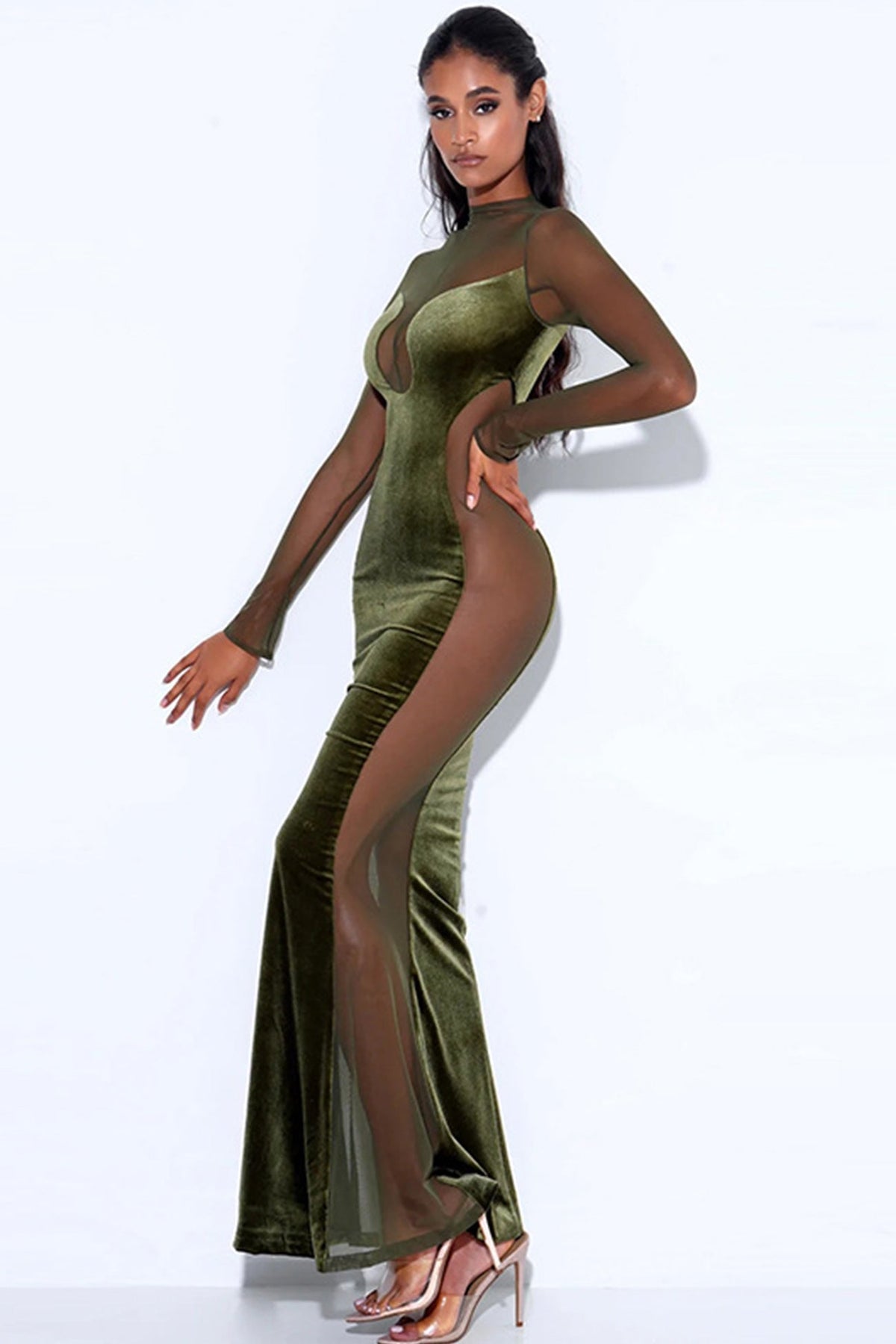 Velvet Mesh Maxi Dress with Panel Details