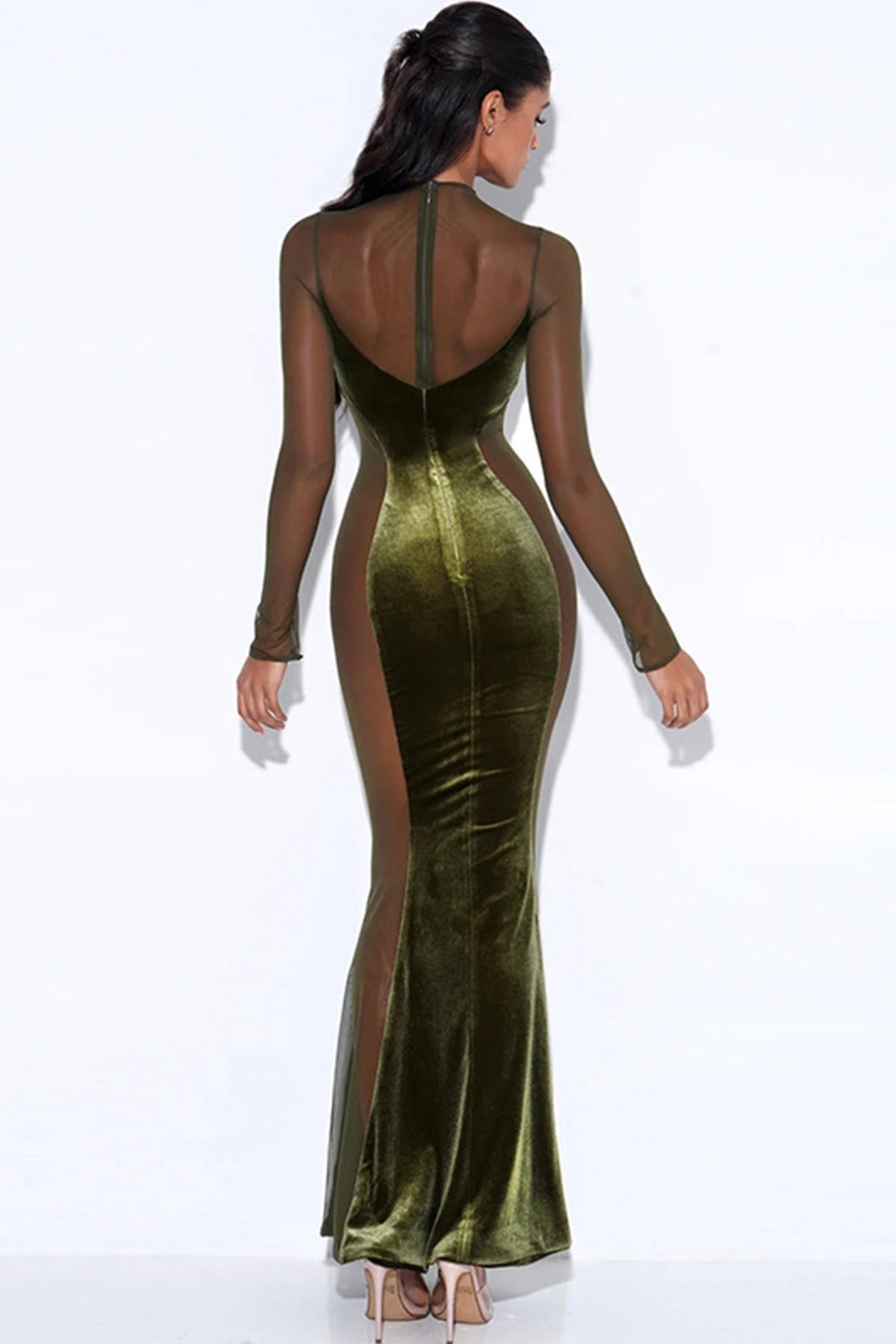 Velvet Mesh Maxi Dress with Panel Details